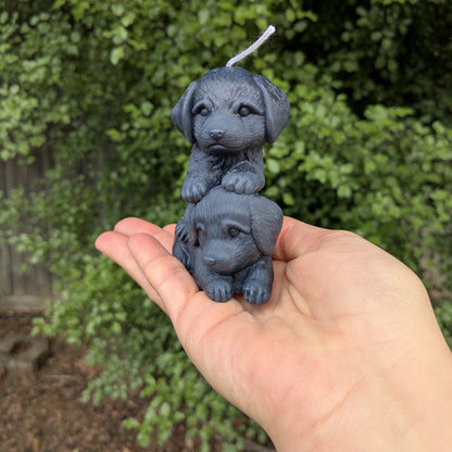 Two small dog figurines stacked on top of each other with a candle, held in front of a green bush.