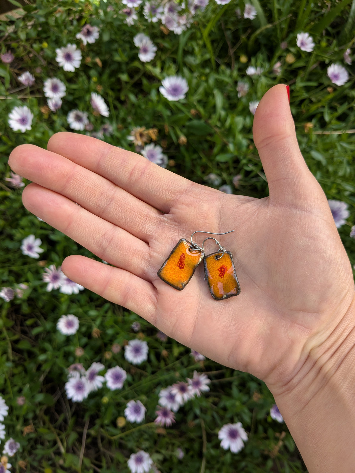 Ceramic Dangle Earrings-Orange with Red Drop