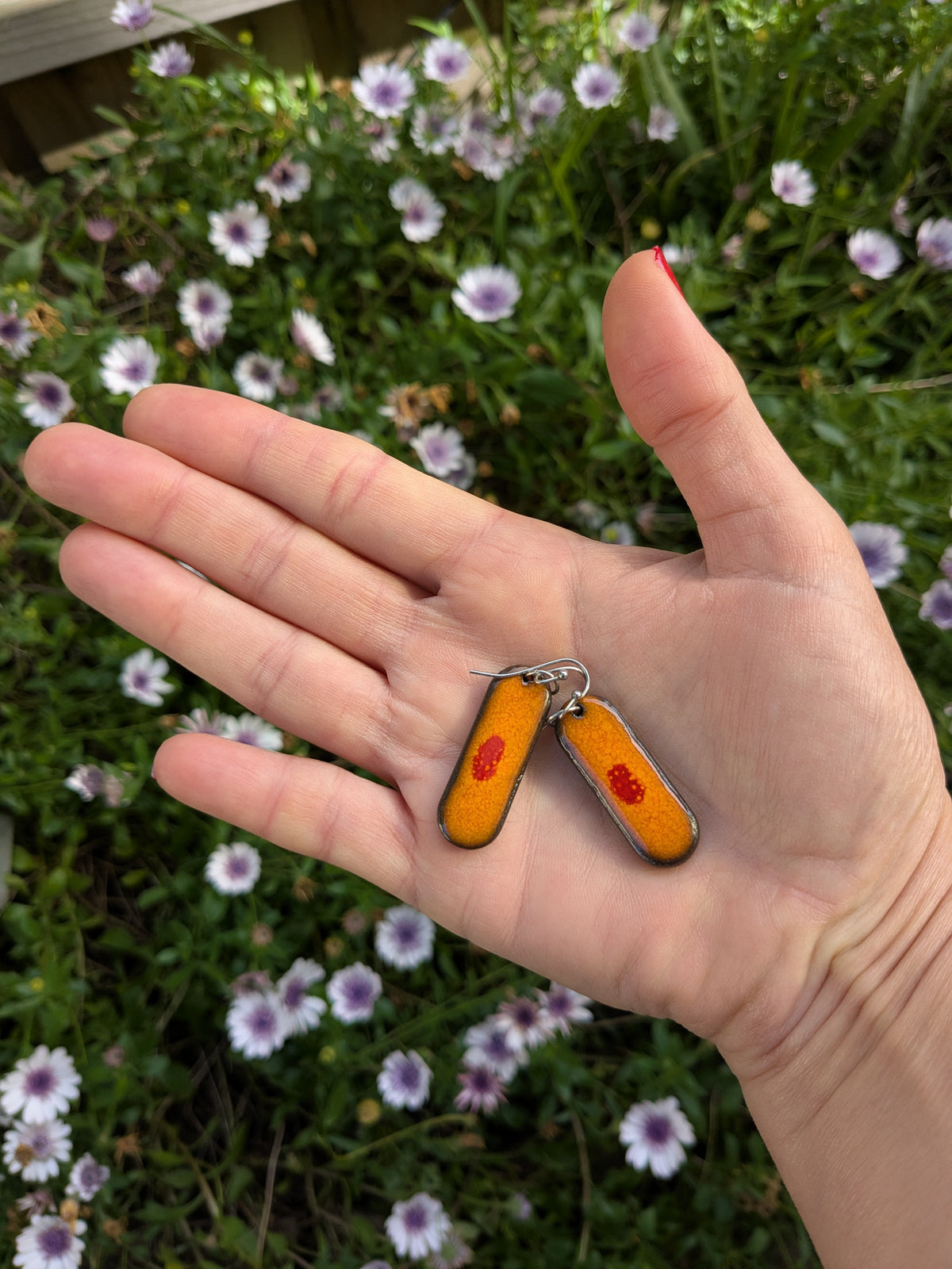Ceramic Dangle Earrings-Orange with Red Drop